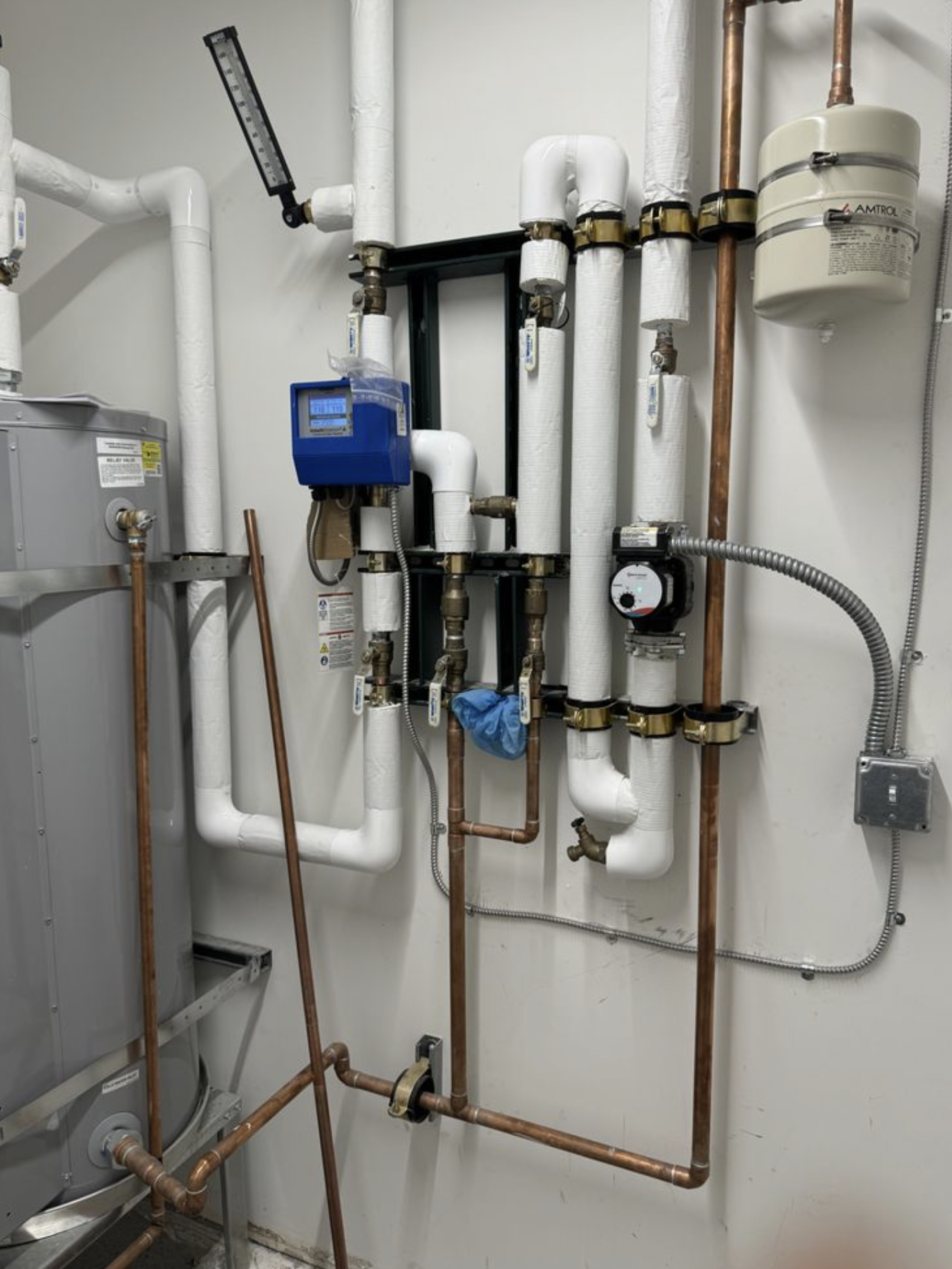 Commercial mechanical room plumbing installation.