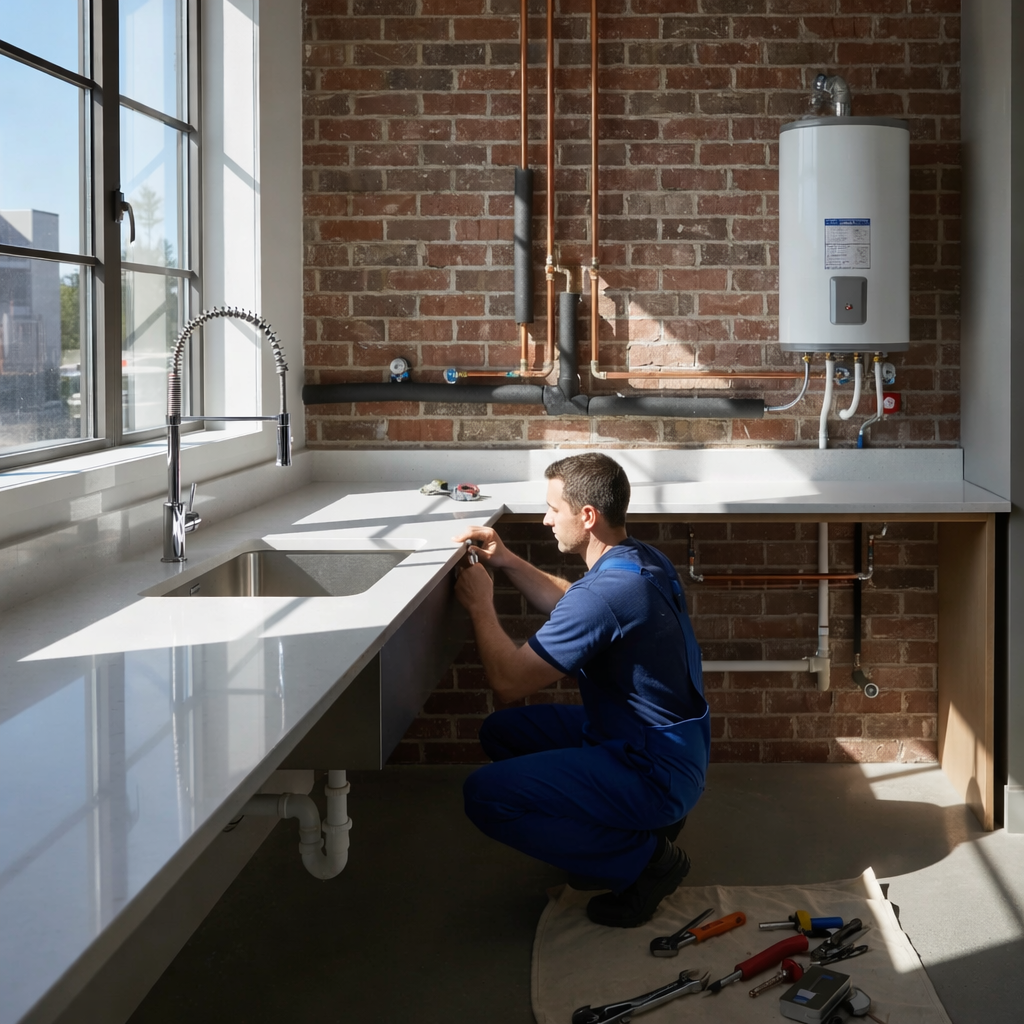 Plumber installing a high-end modern kitchen faucet with precision